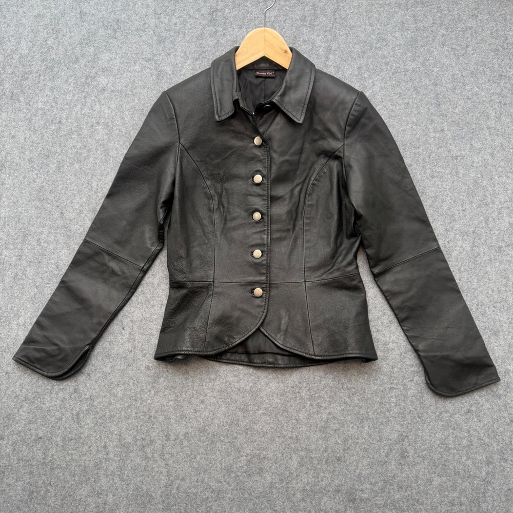 Shape FX Black Leather Jacket Women Size 4 Button Front P8268 Tailored Peplum
